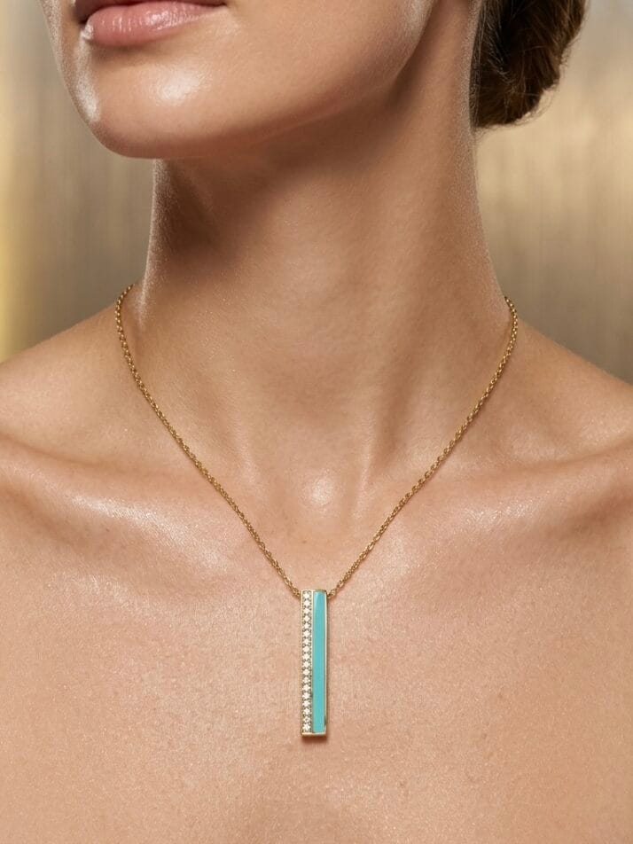 CETAŞ MİNİMA TURKUAZ MİNELİ VE TAŞLI ÇUBUK ALTIN KOLYE - Görsel 2