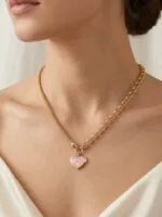 CETAŞ PEMBE KUVARS KALP TASARIM ALTIN KOLYE - Görsel 2