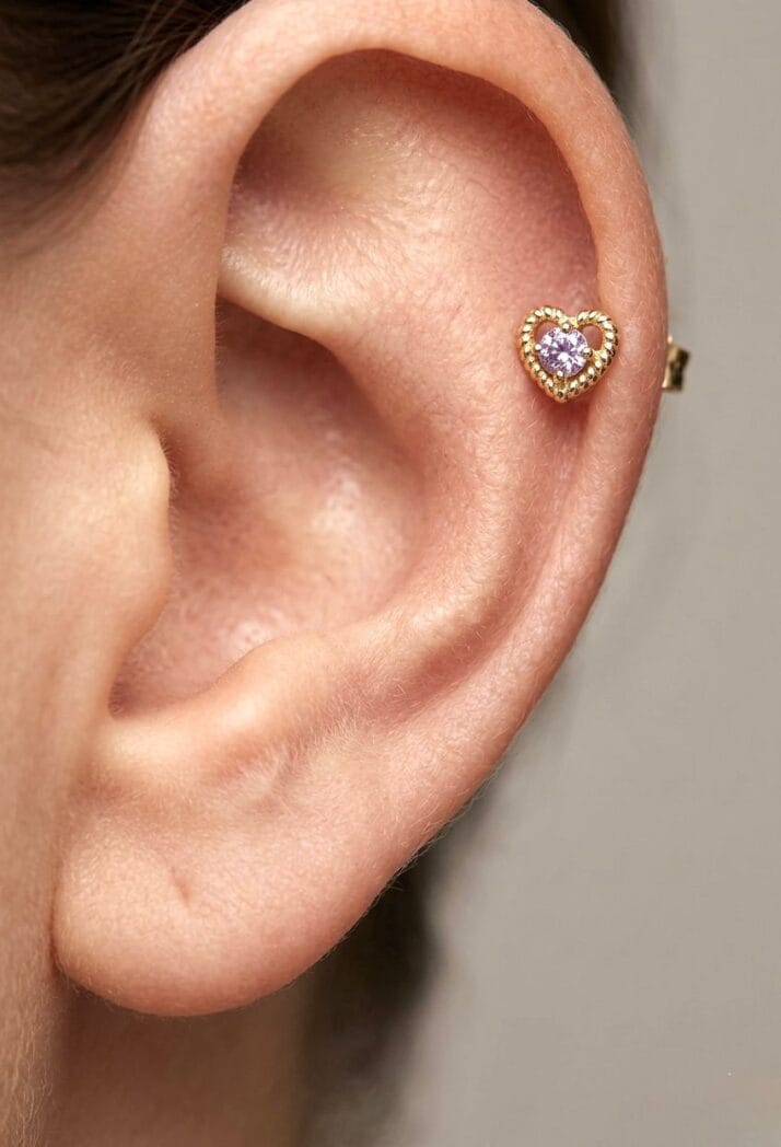 BURGU ÇERÇEVELİ KALP TEKTAŞ ALTIN PİERCİNG - Görsel 2