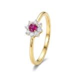 KIRMIZI TAŞLI BEYAZ PAPATYA FORMLU ALTIN YÜZÜK